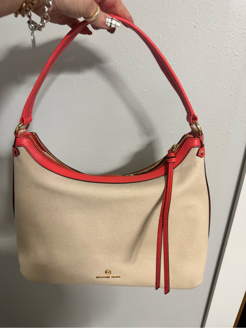 Michael Kors Cream and Coral Leather-Trim Shoulder Bag